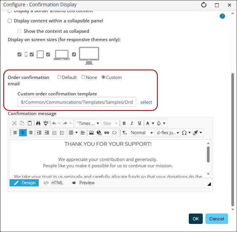 A highlight showing the custom order confirmation template in the Order confirmation email field.